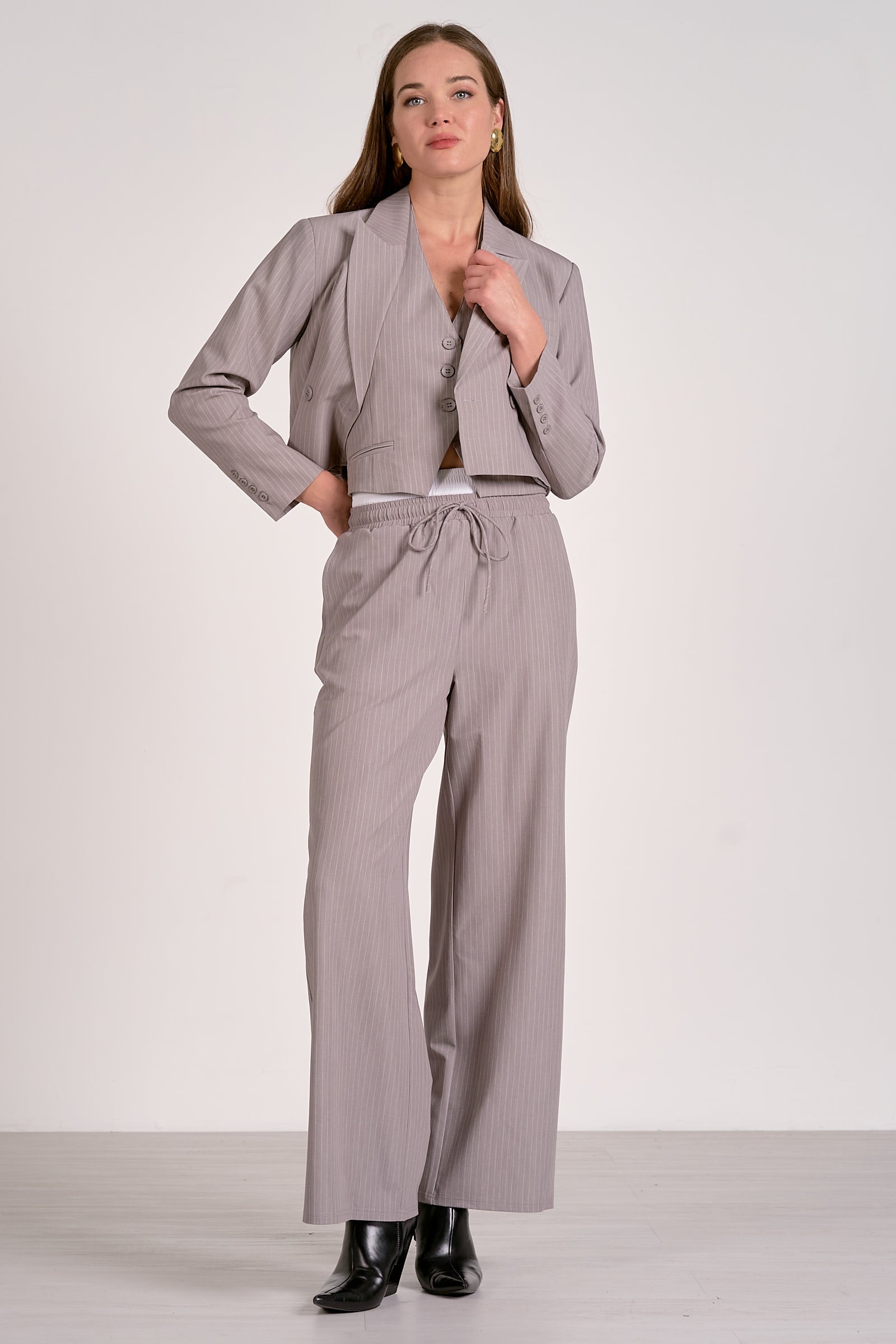 Grey Stripe Elegance Wide-Leg Trousers