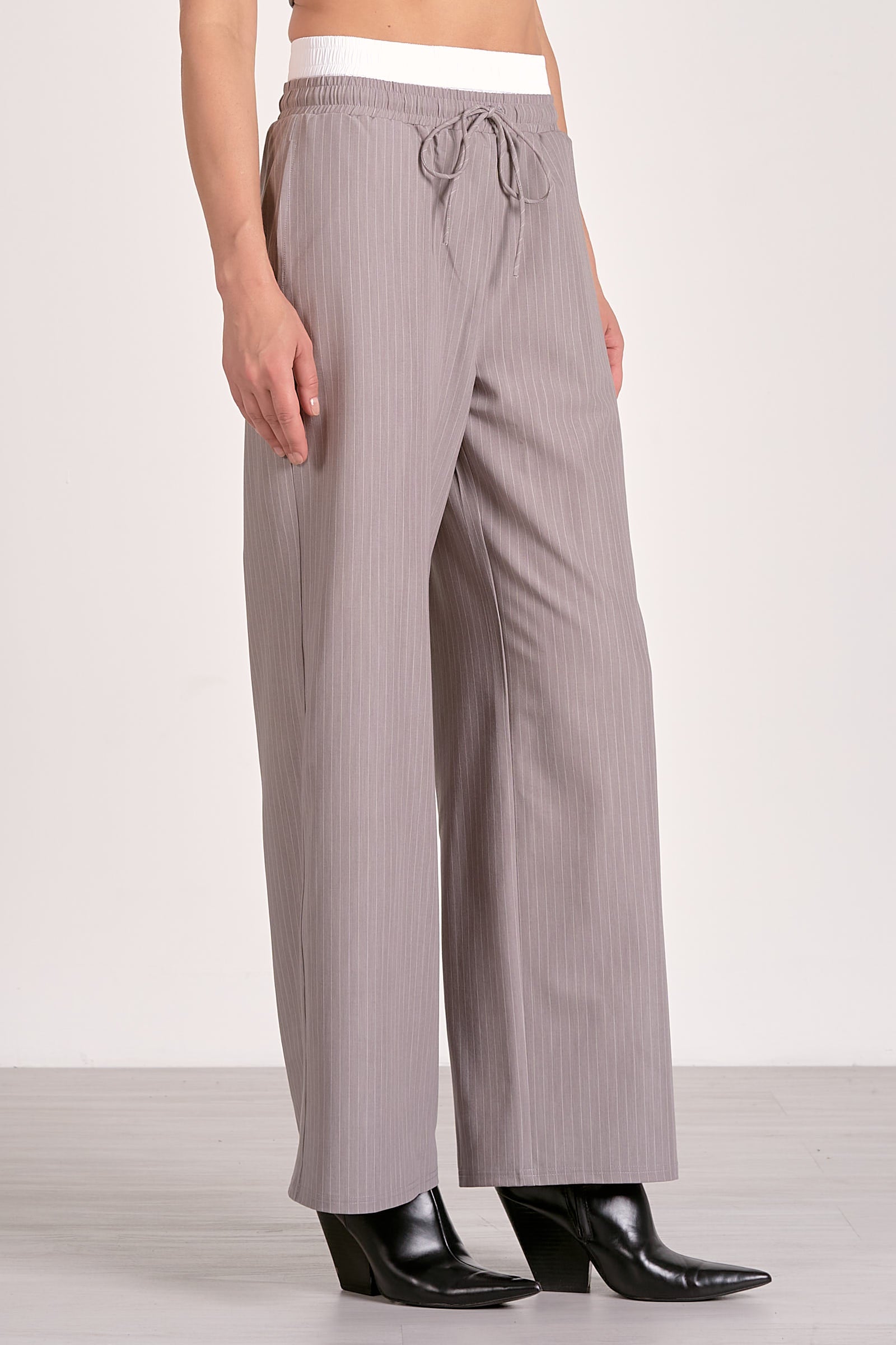 Grey Stripe Elegance Wide-Leg Trousers