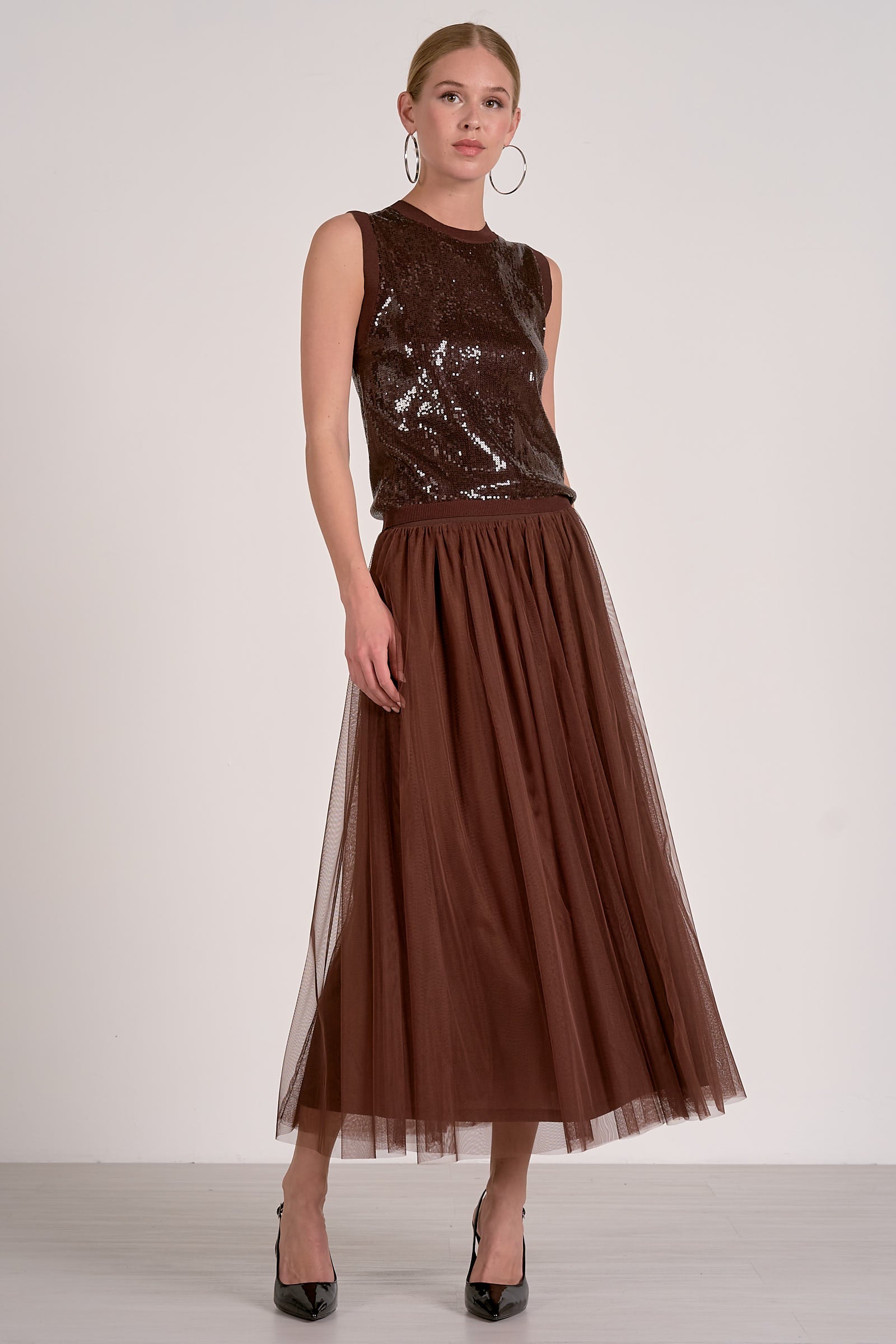 ‌Chocolate Tulle Midi Skirt