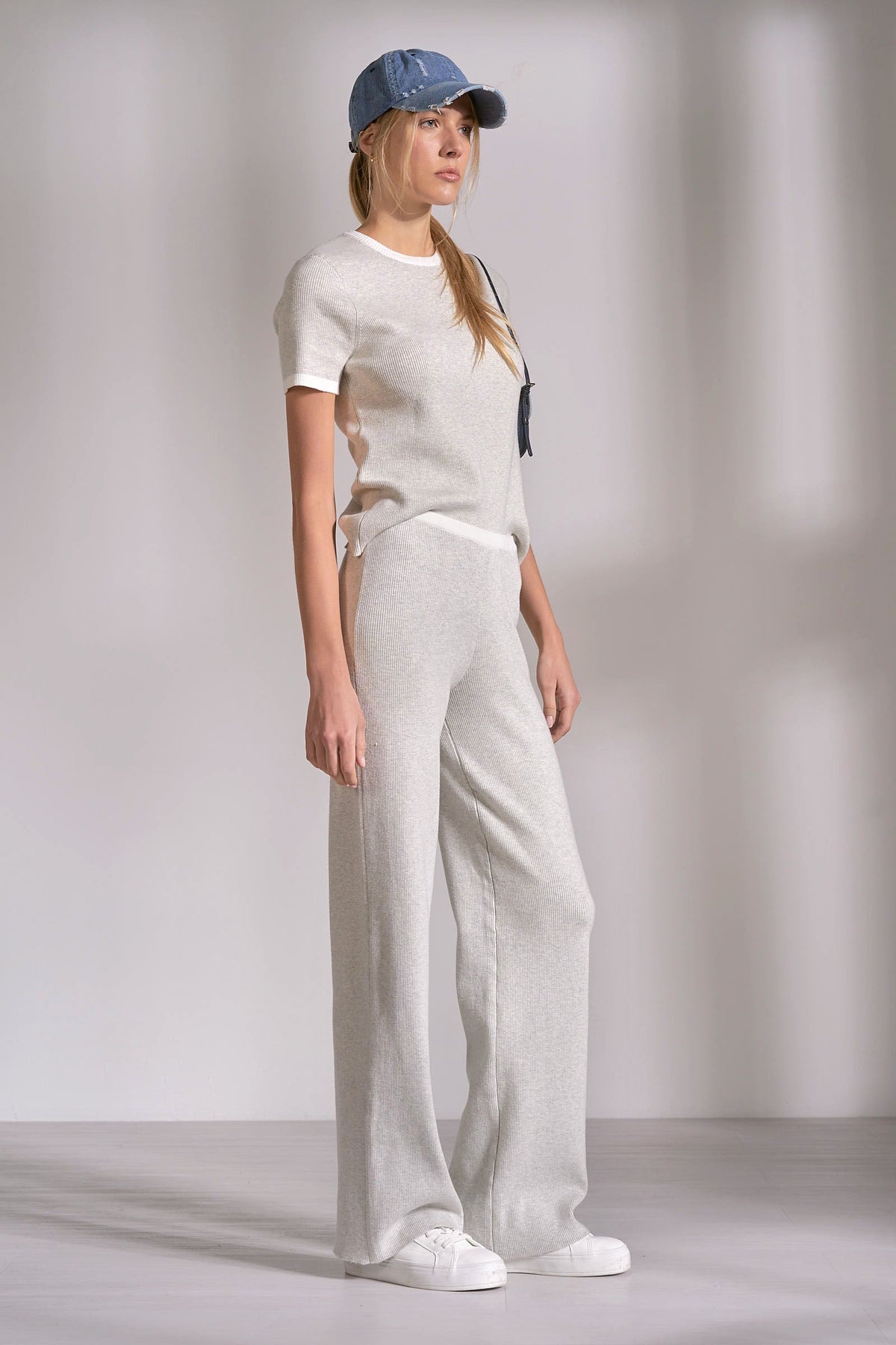 Grey White Cotton Ribbed Knit Lounge Pants