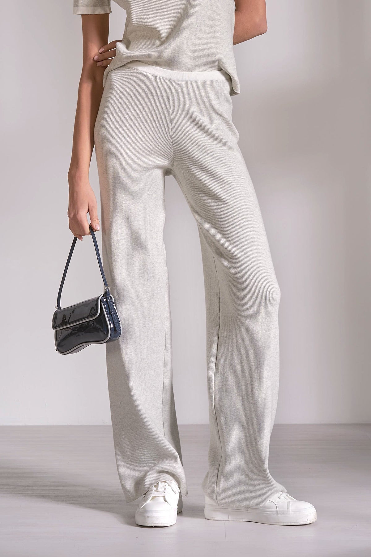 Grey White Cotton Ribbed Knit Lounge Pants