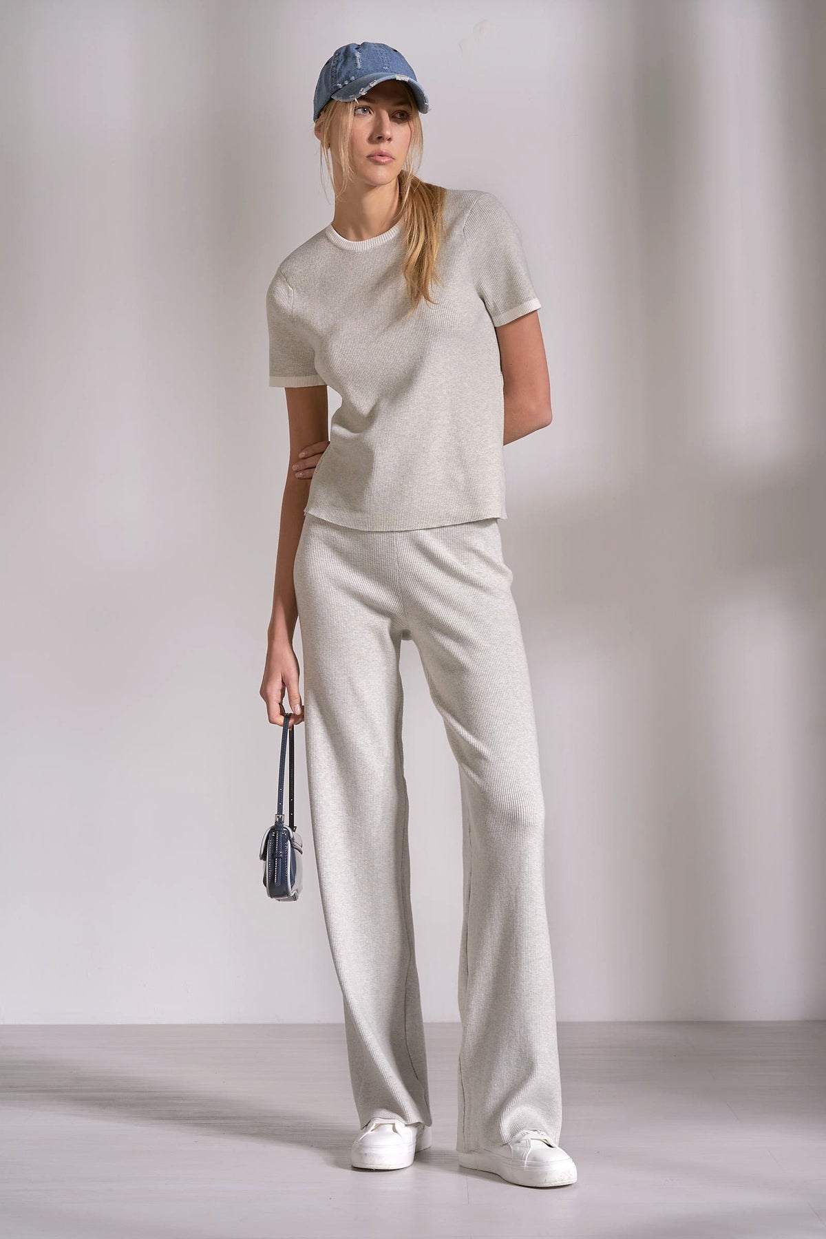 Grey White Cotton Ribbed Knit Lounge Pants