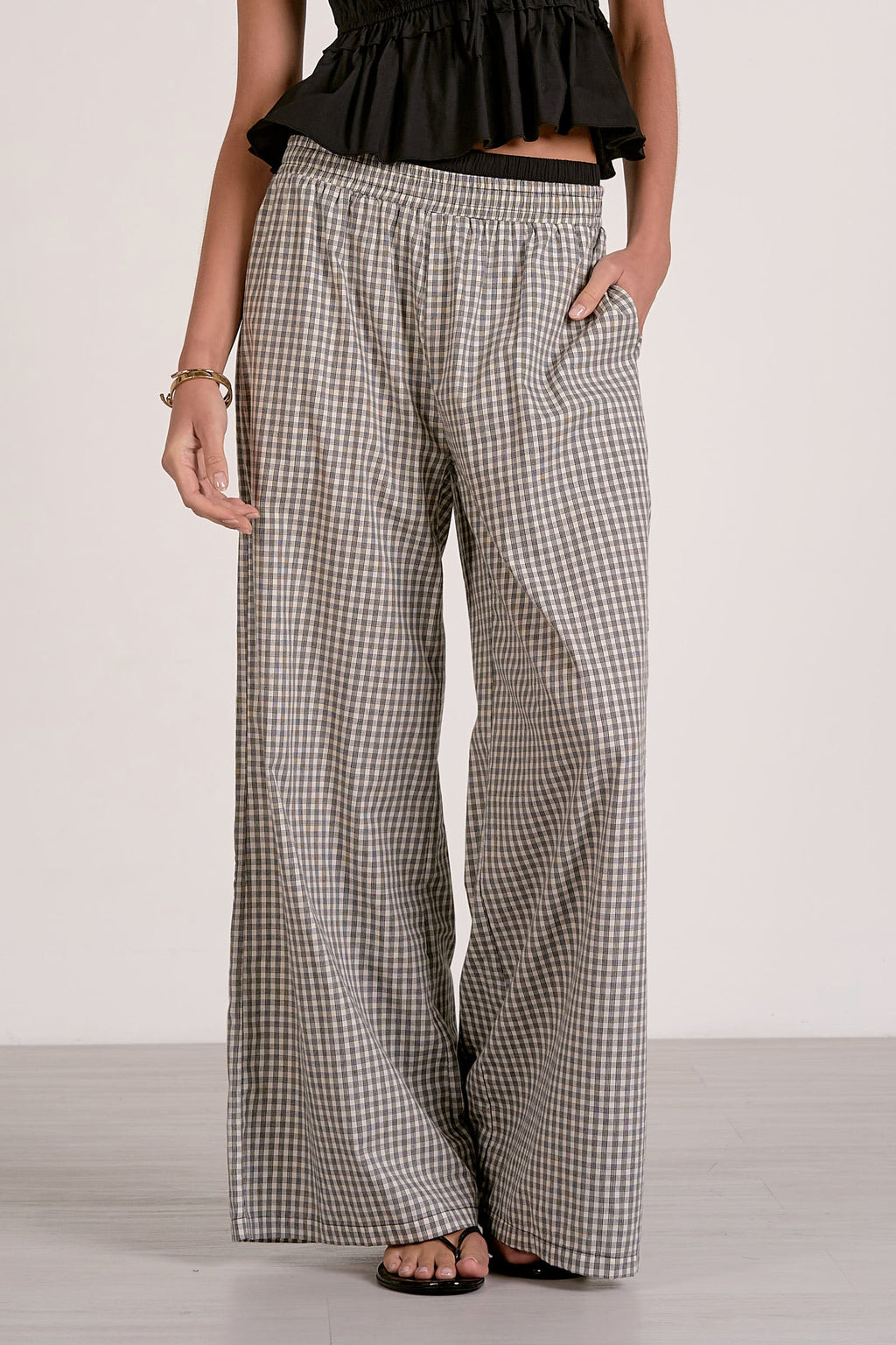 Refined Tailoring Draped White Gingham Wide-Leg Pants