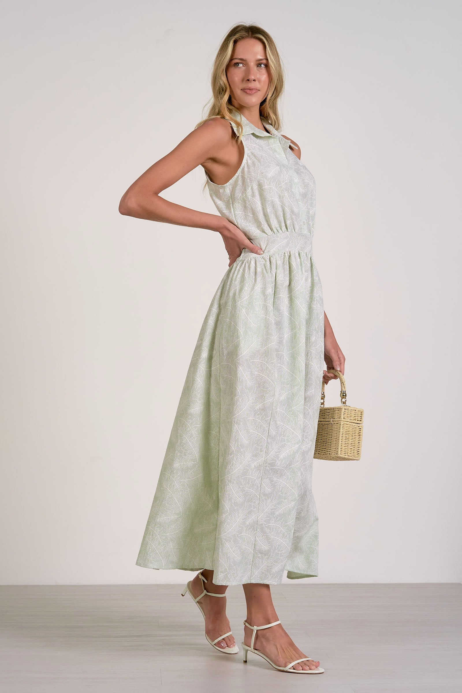 Green White Stripe Point Collar Sleeveless Floral Maxi Dress