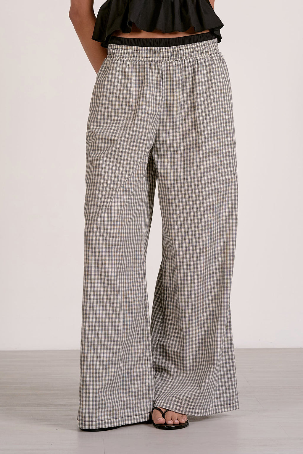 Refined Tailoring Draped White Gingham Wide-Leg Pants