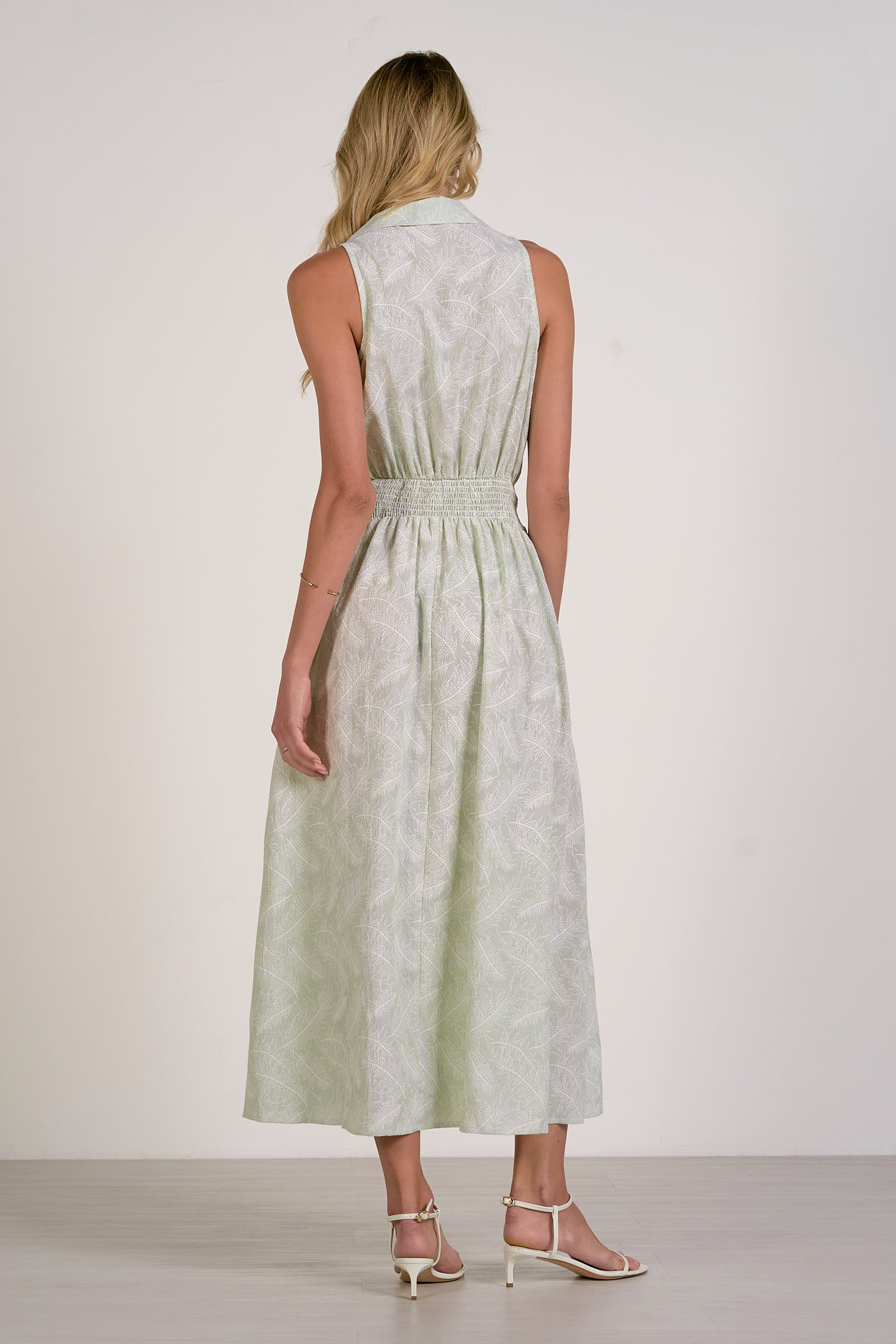 Green White Stripe Point Collar Sleeveless Floral Maxi Dress