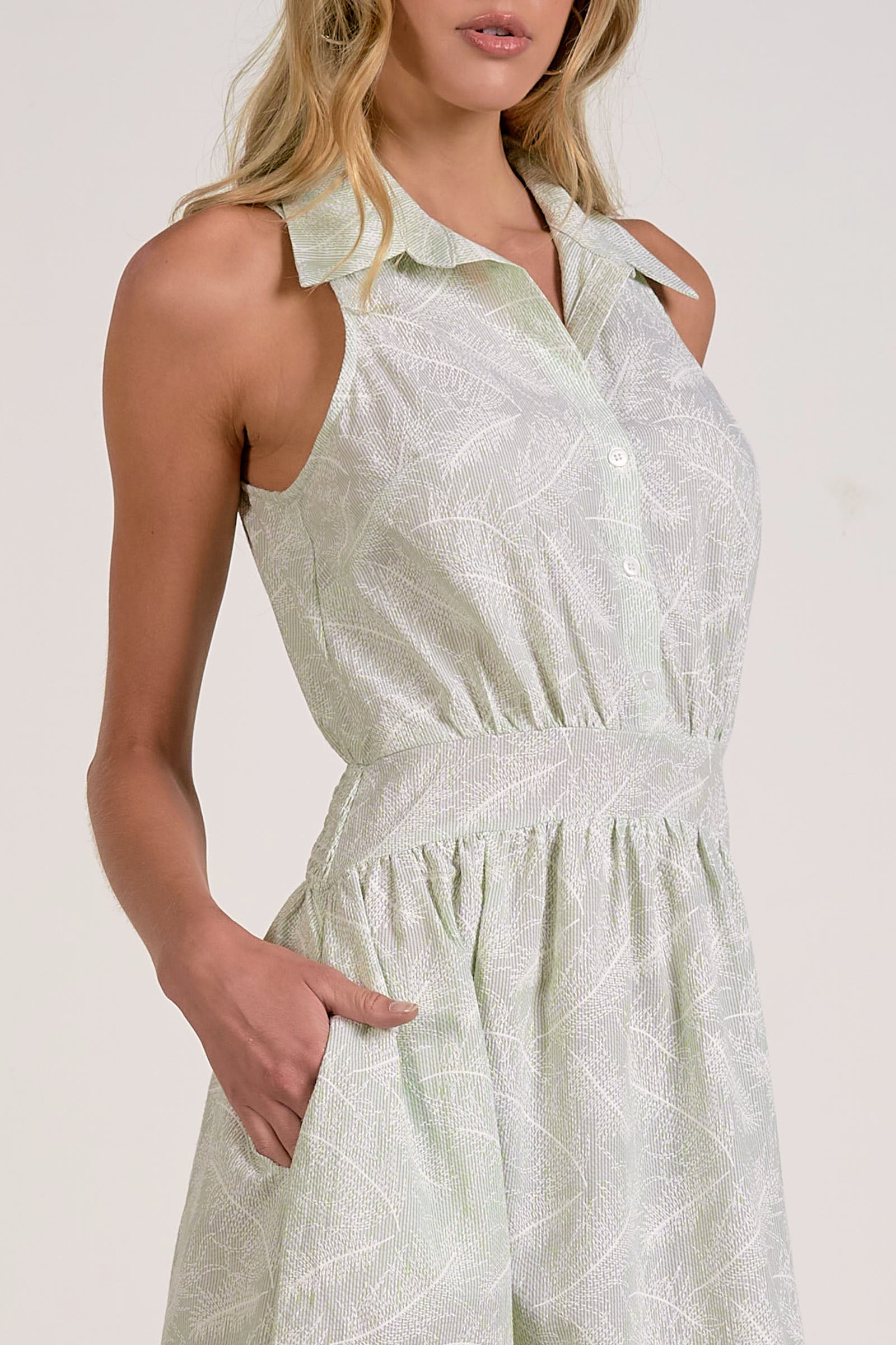 Green White Stripe Point Collar Sleeveless Floral Maxi Dress