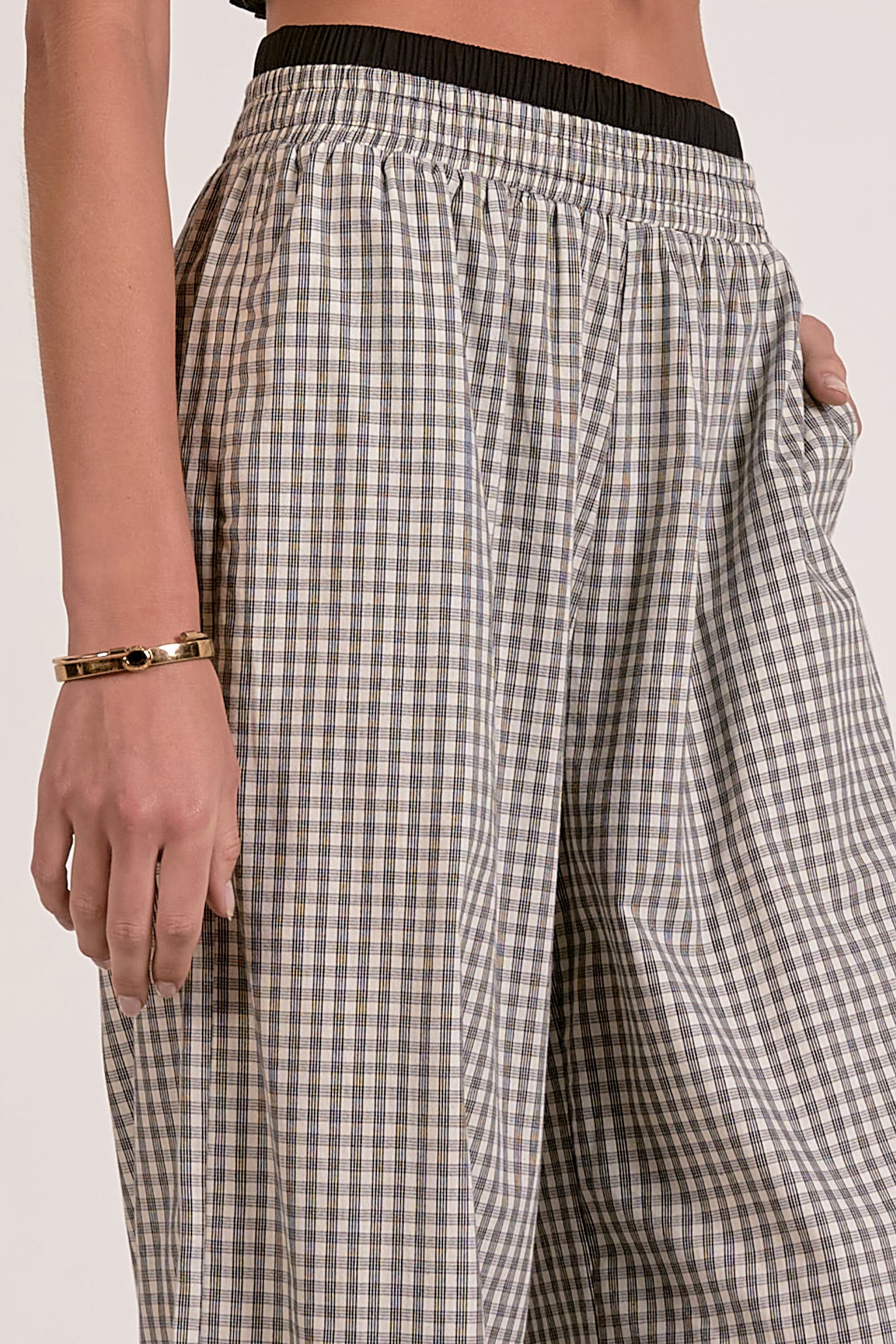 Refined Tailoring Draped White Gingham Wide-Leg Pants