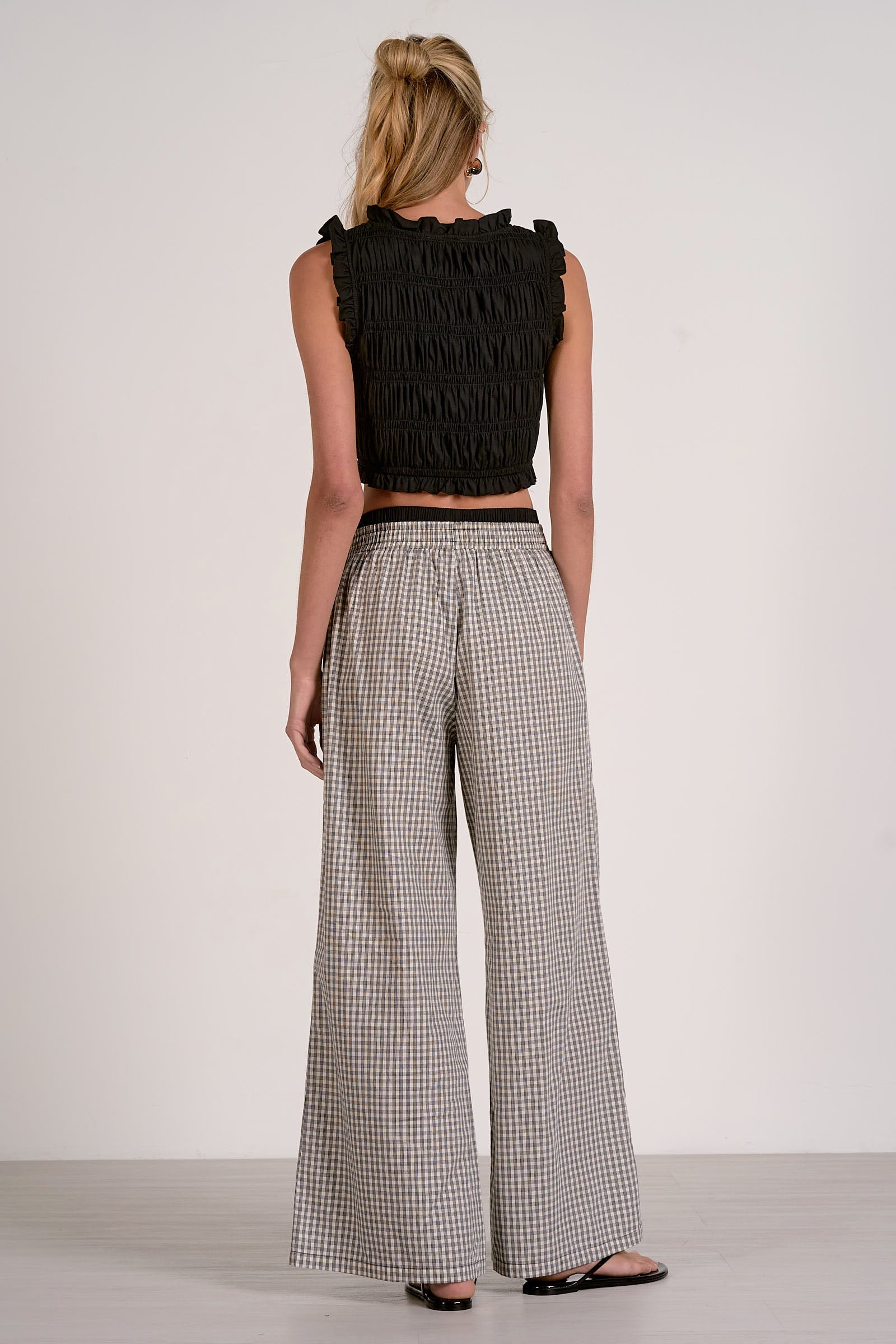 Refined Tailoring Draped White Gingham Wide-Leg Pants