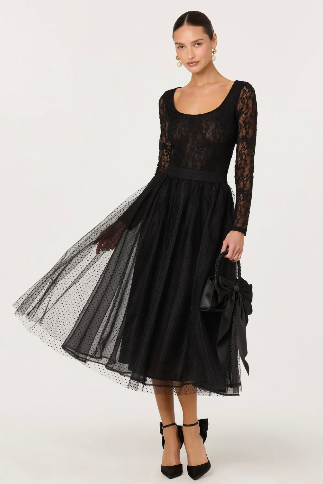 Black Tulle with Velvet Dot Motif A-Line Midi Skirt