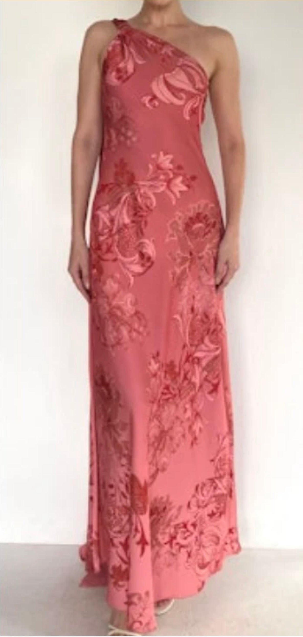 Coral One-Shoulder Asymmetric Drape Gown with Floral Jacquard