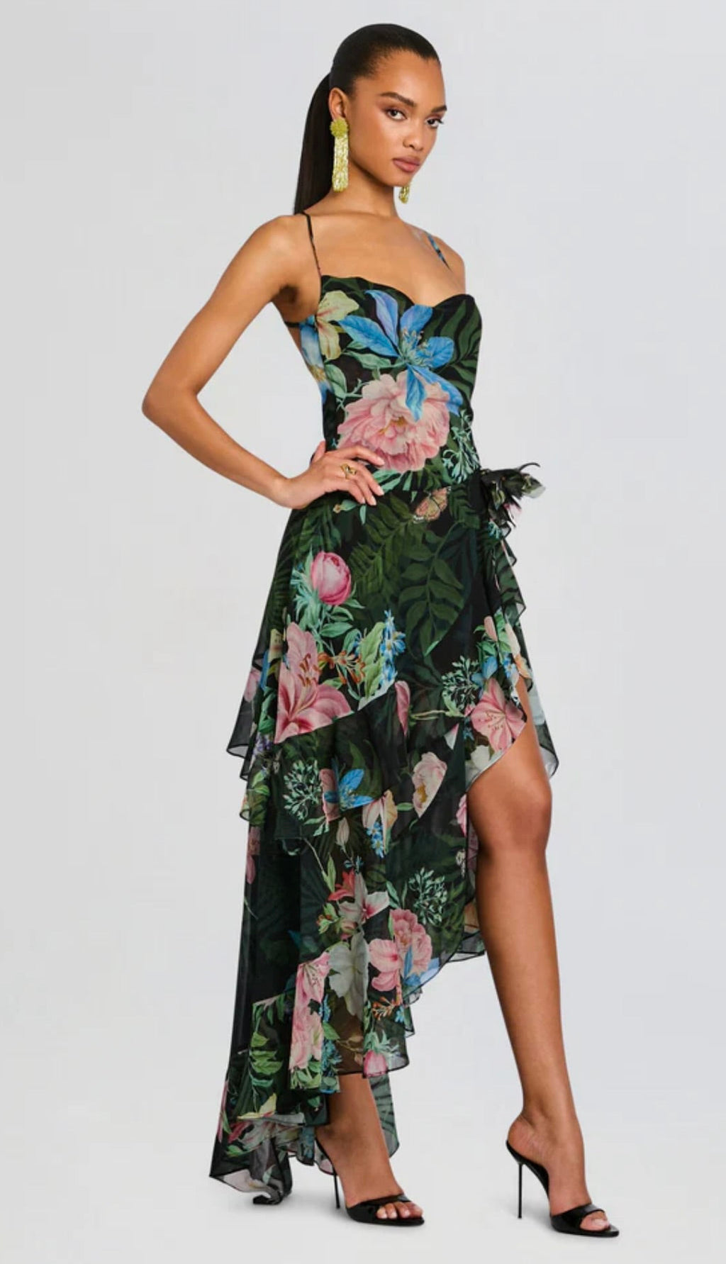 Adjustable Spaghetti Strap Dress with Playful Ruffles & Fluid Draping