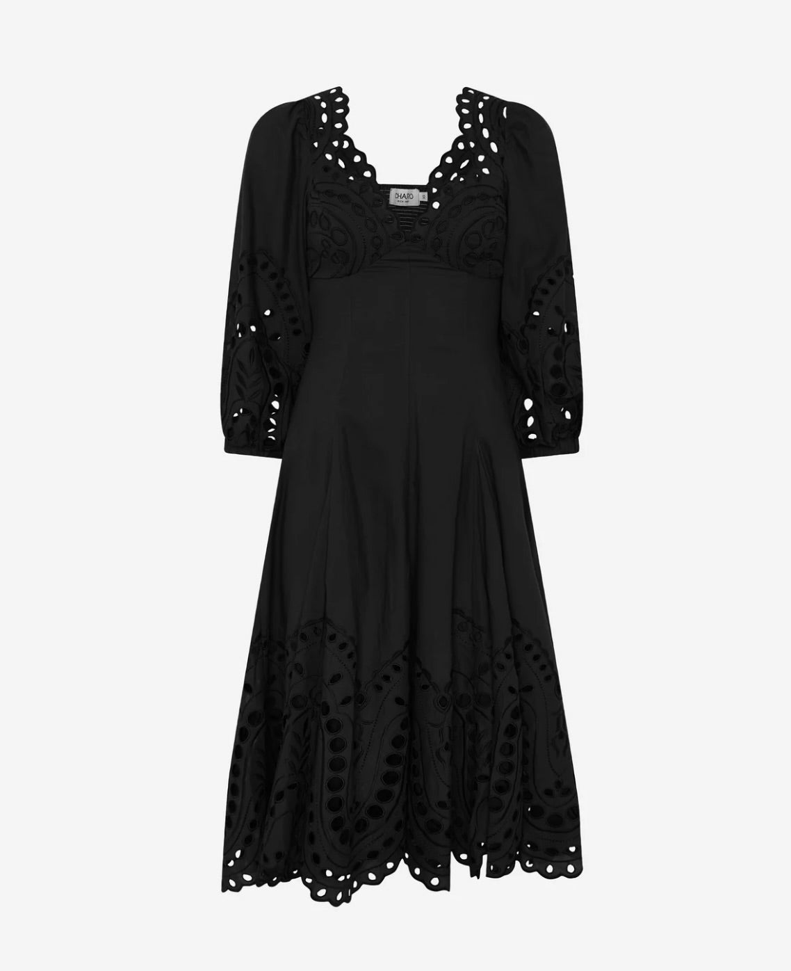 Black Sealace Embroidered Sweetheart Neck Puff-Sleeve Midi Dress