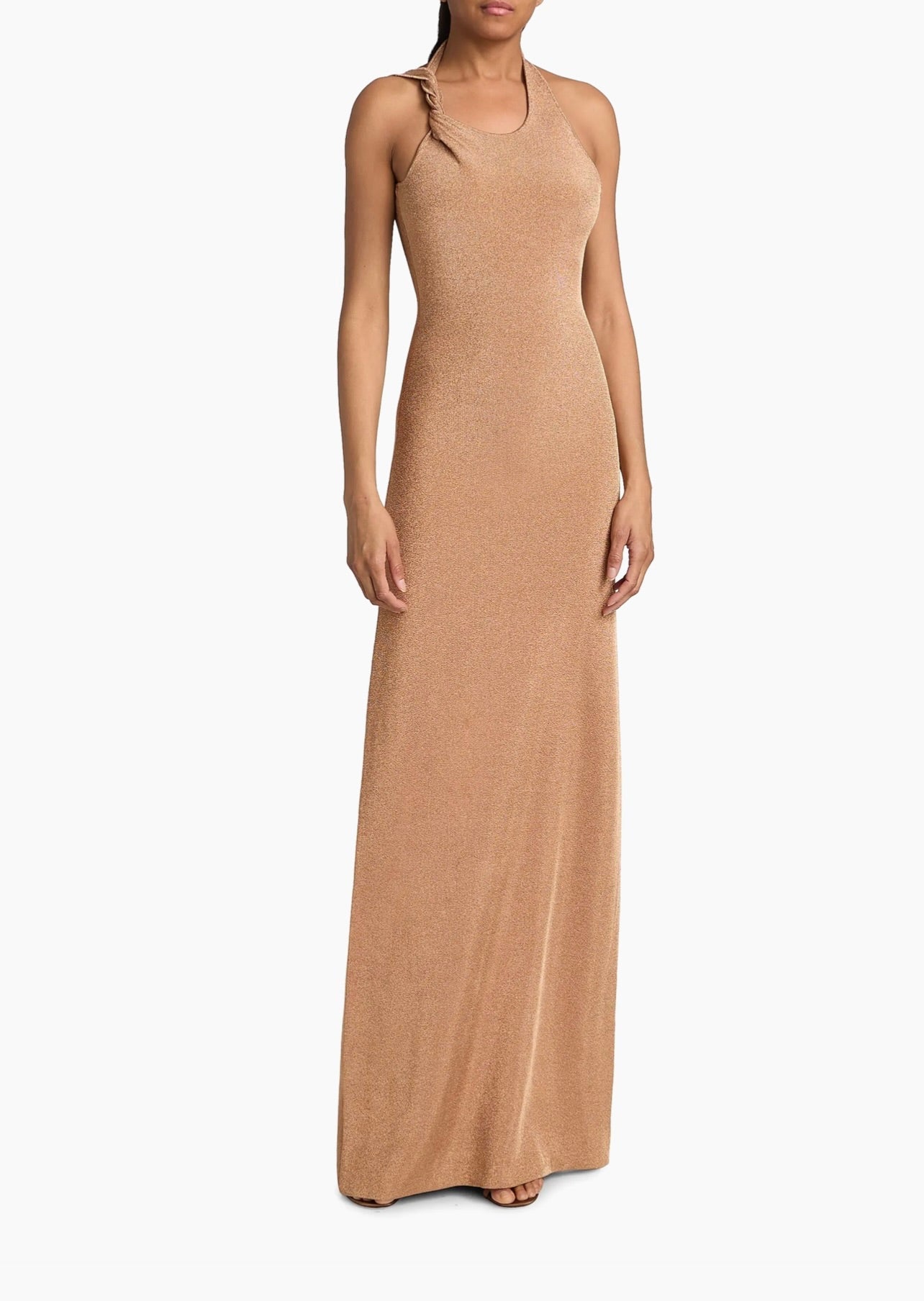 Fluid Shine Rust Halter Maxi Dress