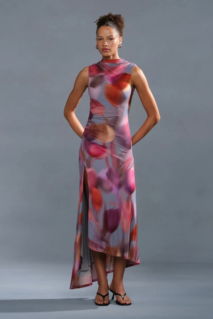 Tulip Haze Matte Viscose Asymmetric Maxi Dress