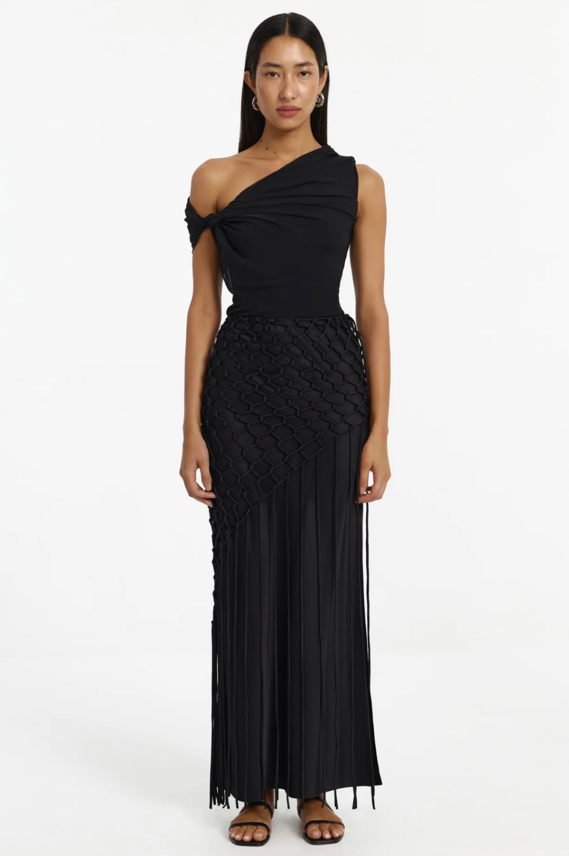 Long Fringe & Scalloped Lace High-Slit Evening Skirt