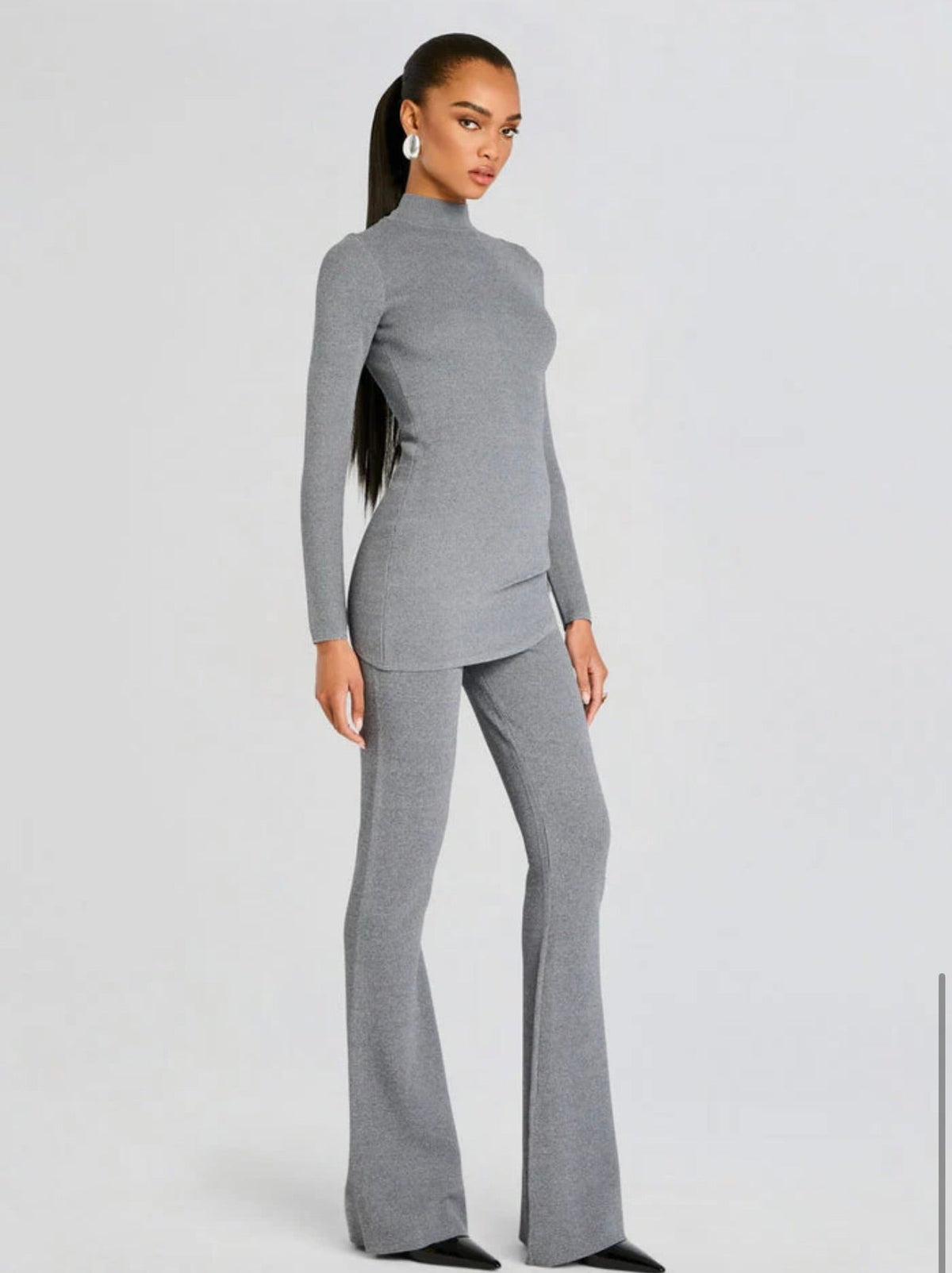 Medium Grey Mid-Rise Knit Flare Pants
