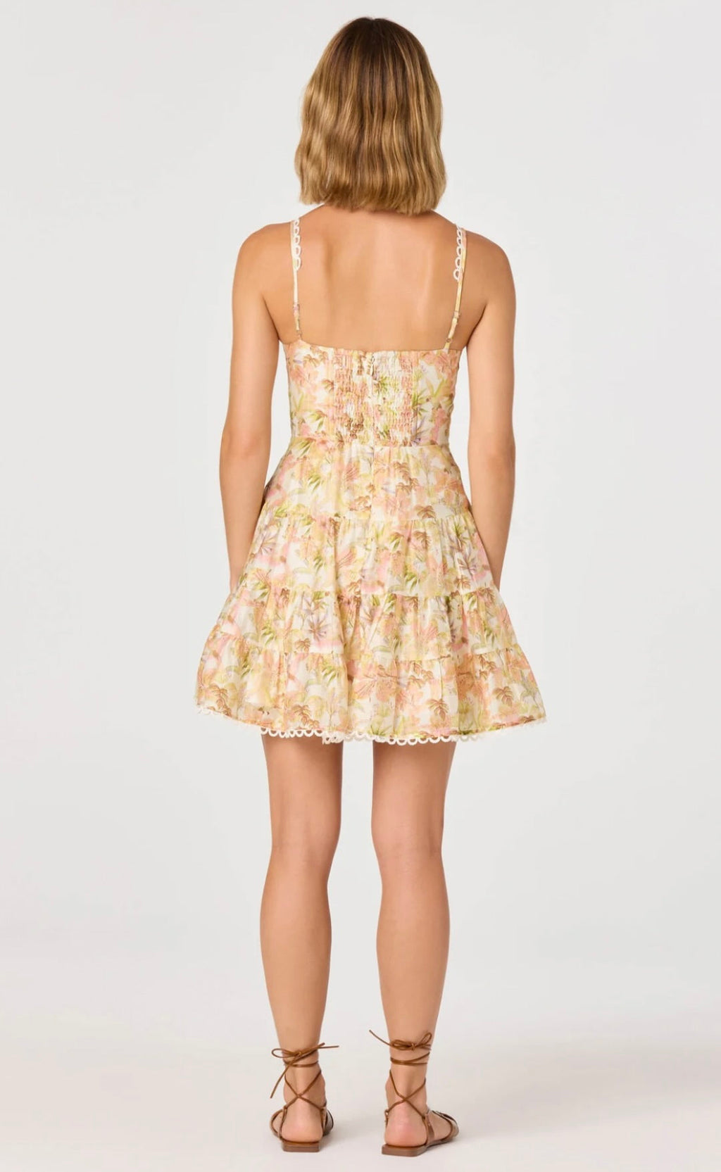 Yellow-Pink Floral Tiered Sweetheart Mini Dress