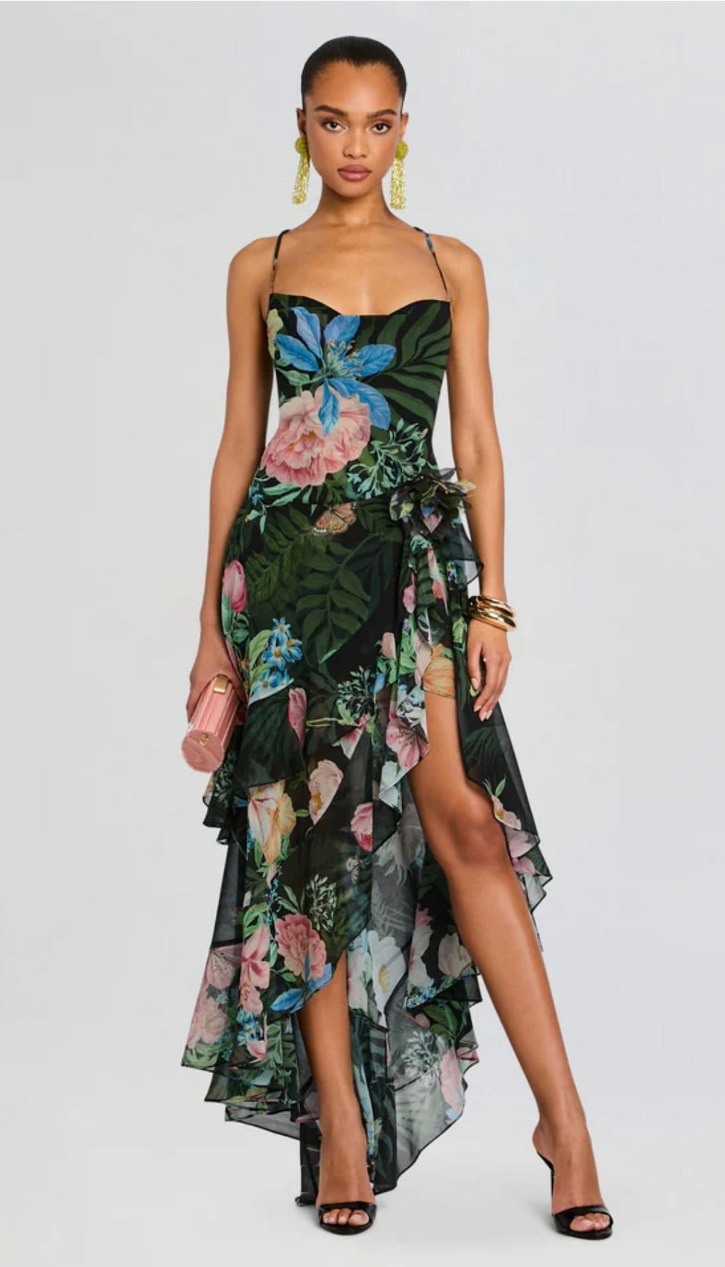 Adjustable Spaghetti Strap Dress with Playful Ruffles & Fluid Draping