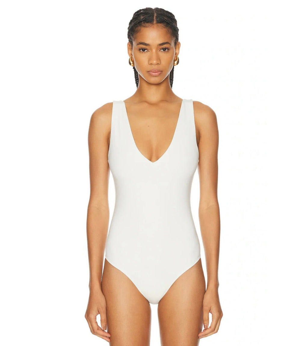 White Bamboo-Viscose Plunge V Bodysuit with Snap Closure
