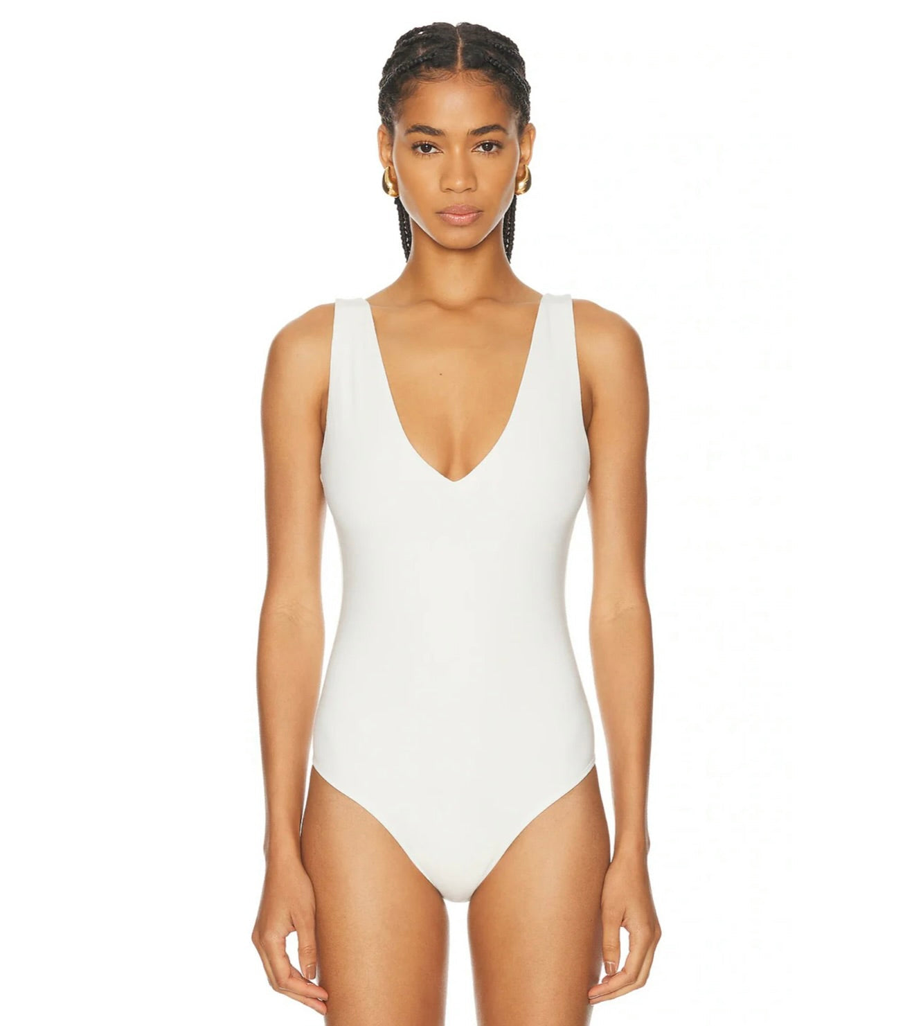 White Bamboo-Viscose Plunge V Bodysuit with Snap Closure