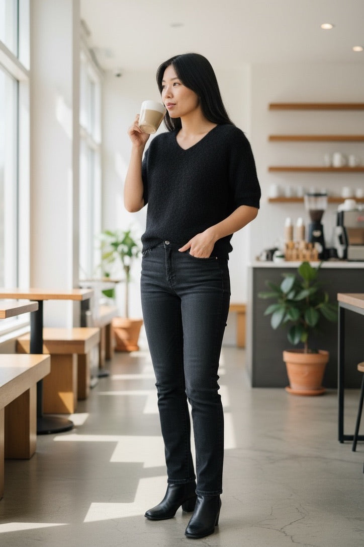 Black Baby Alpaca Pullover with V-Neck