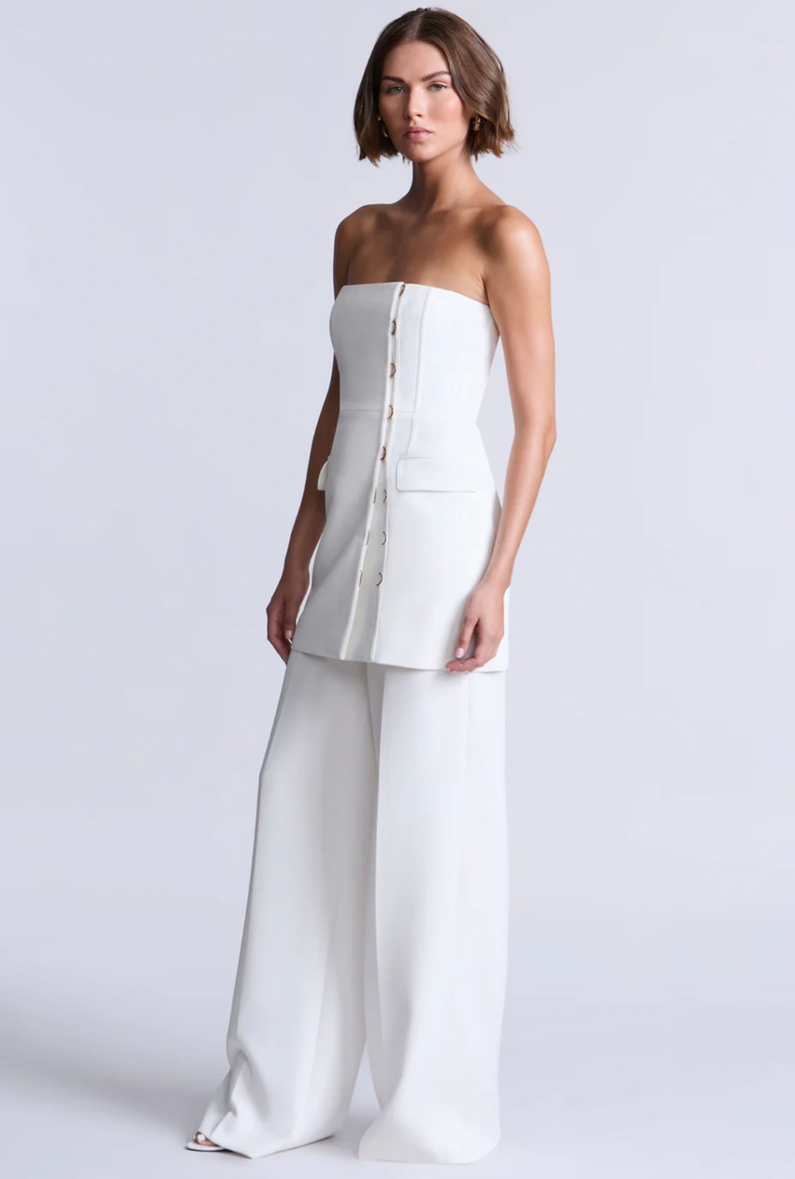 White Strapless Sculpted Mini with Architectural Contour Seaming