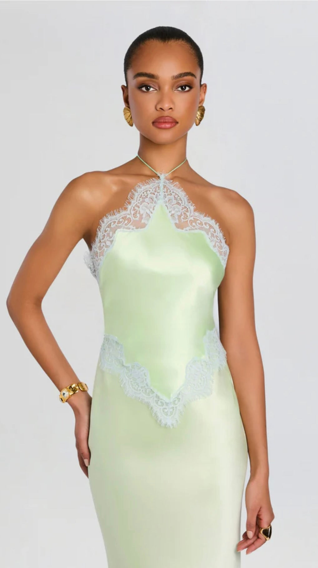 Glace Pistachio Halter Lace Gown