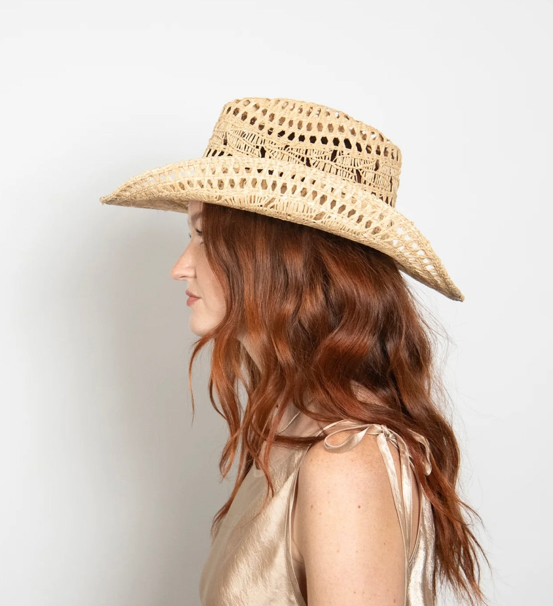 Natural Handwoven Raffia Straw Hat with Curved Brim & Pinched Crown