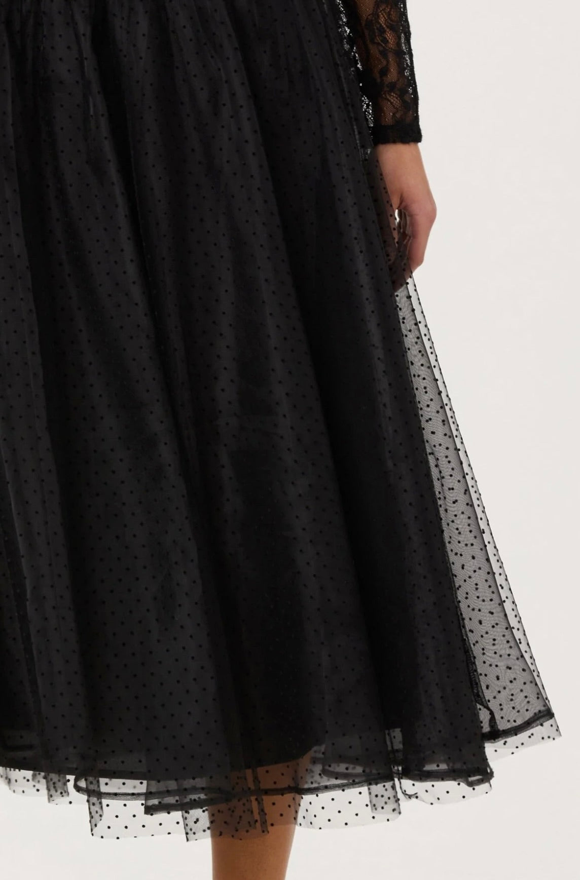 Black Tulle with Velvet Dot Motif A-Line Midi Skirt