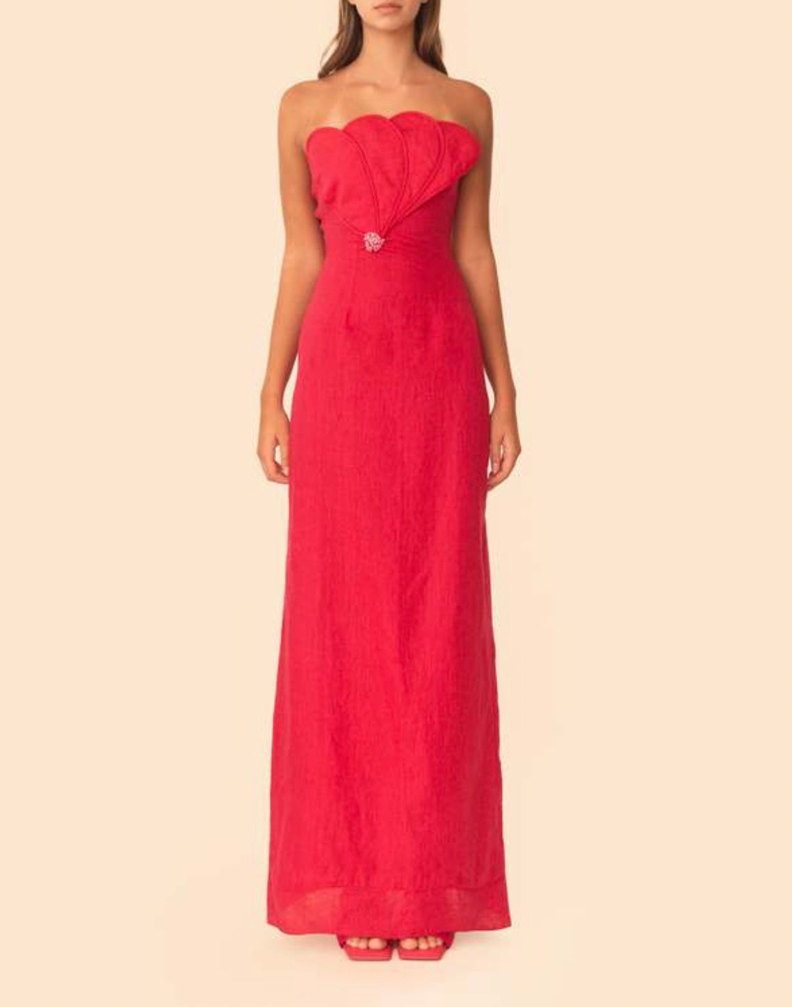 Raspberry Strapless Beaded Petal Maxi Dress
