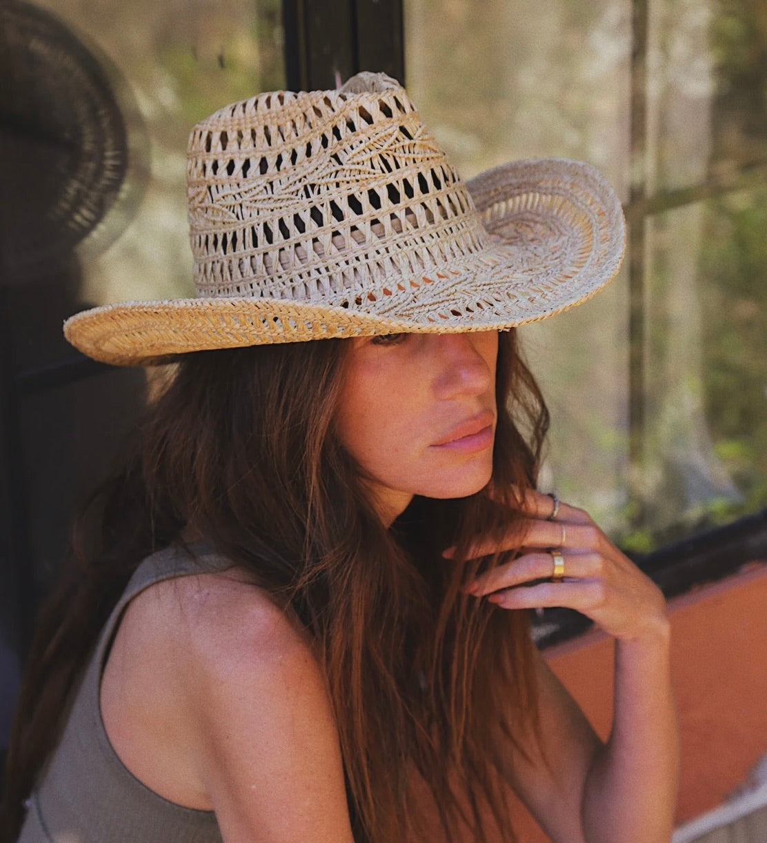 Natural Handwoven Raffia Straw Hat with Curved Brim & Pinched Crown