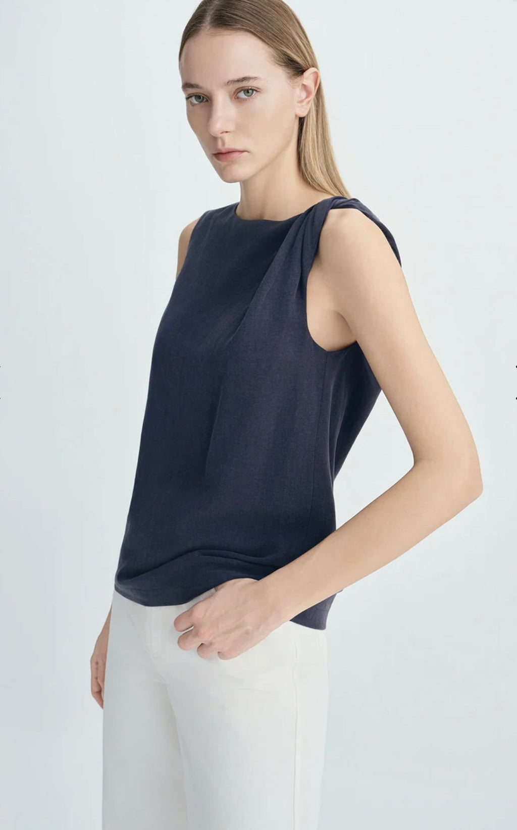 ‌Navy Twisted Shoulder Top