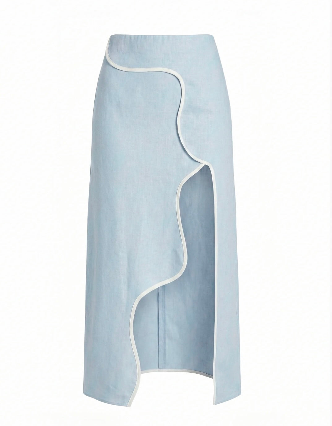 Ice Blue Wavy-Line High-Rise Linen Midi Skirt