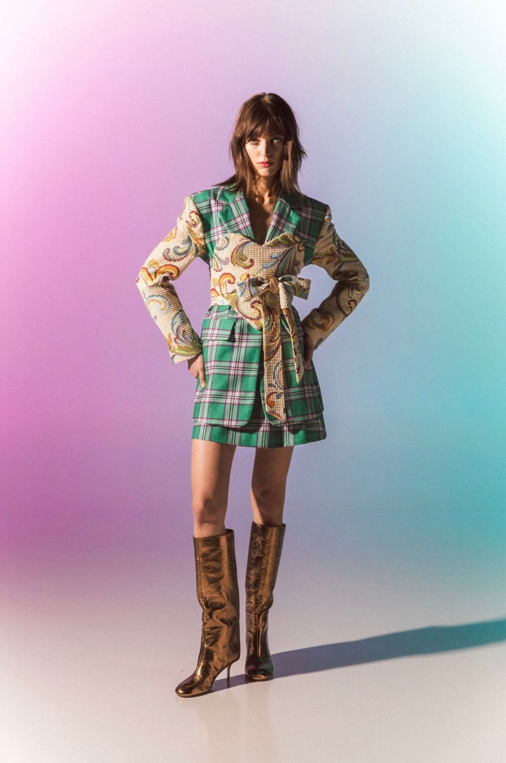 Green Plaid High-Rise Pleated Mini Skirt