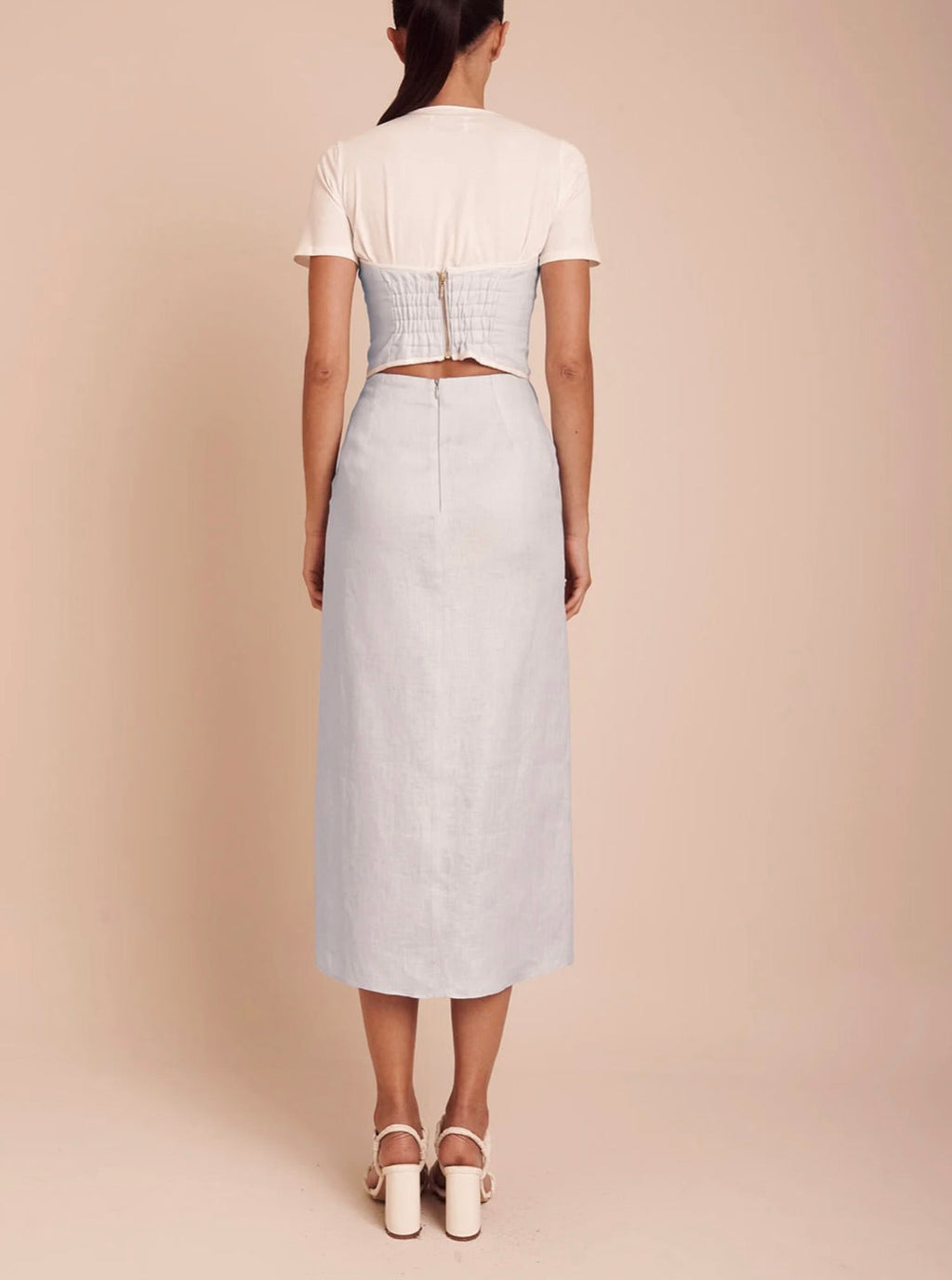 Ice Blue Wavy-Line High-Rise Linen Midi Skirt