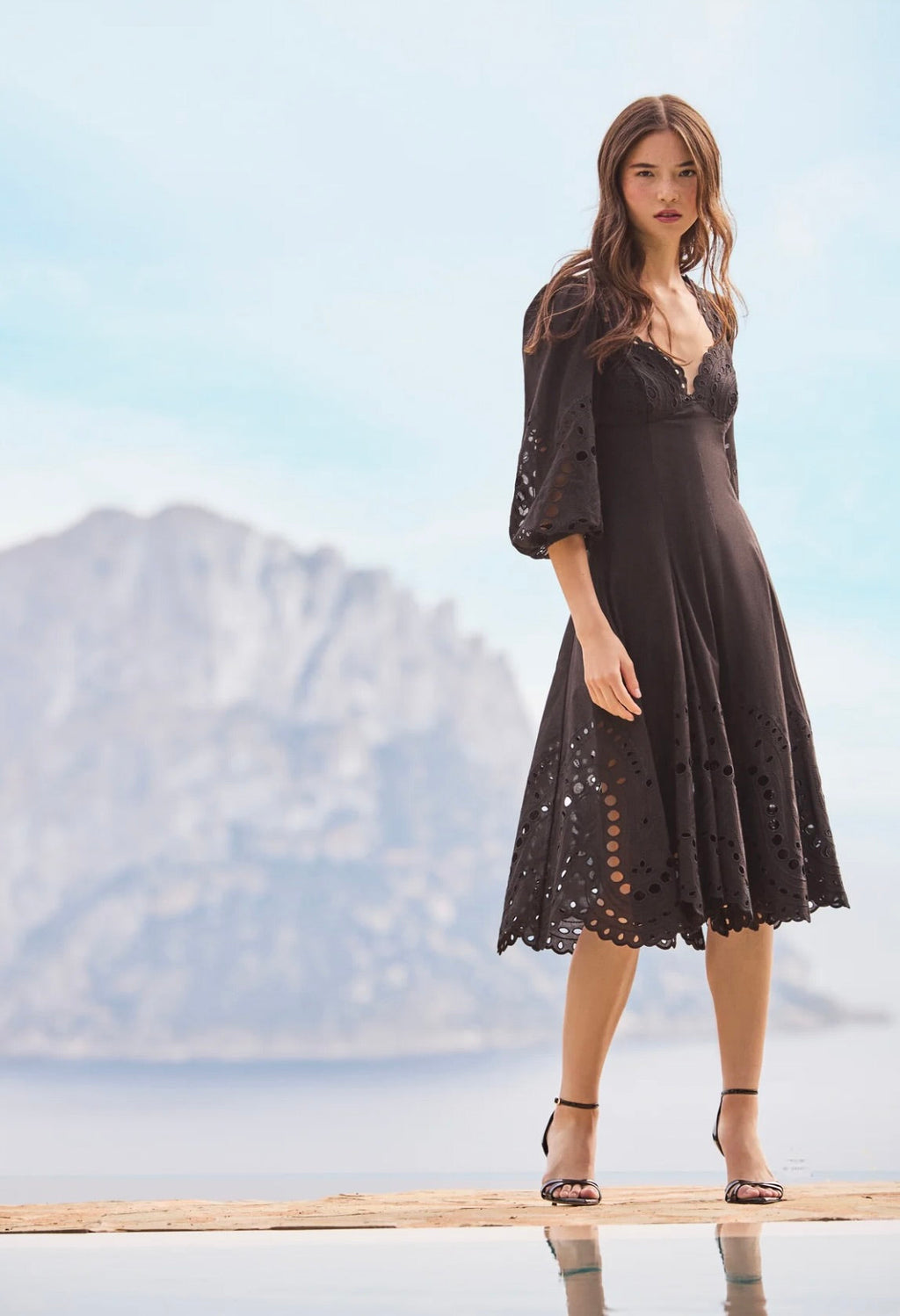 Black Sealace Embroidered Sweetheart Neck Puff-Sleeve Midi Dress