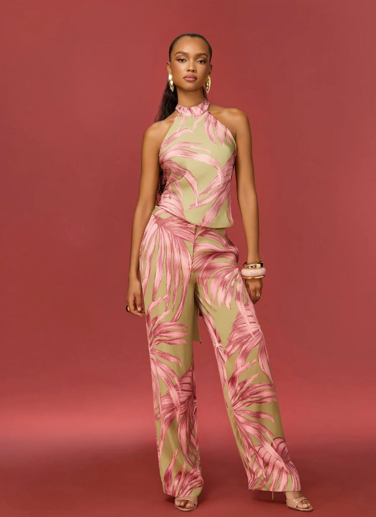 Organic Palm Leaf Pattern Fluid Drape All-Season Pants