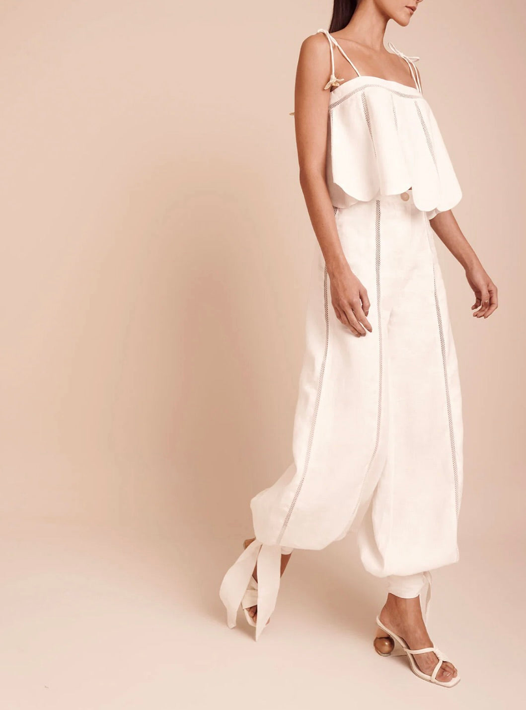 Ivory Iraca Flower Linen Tank with Scalloped Hem