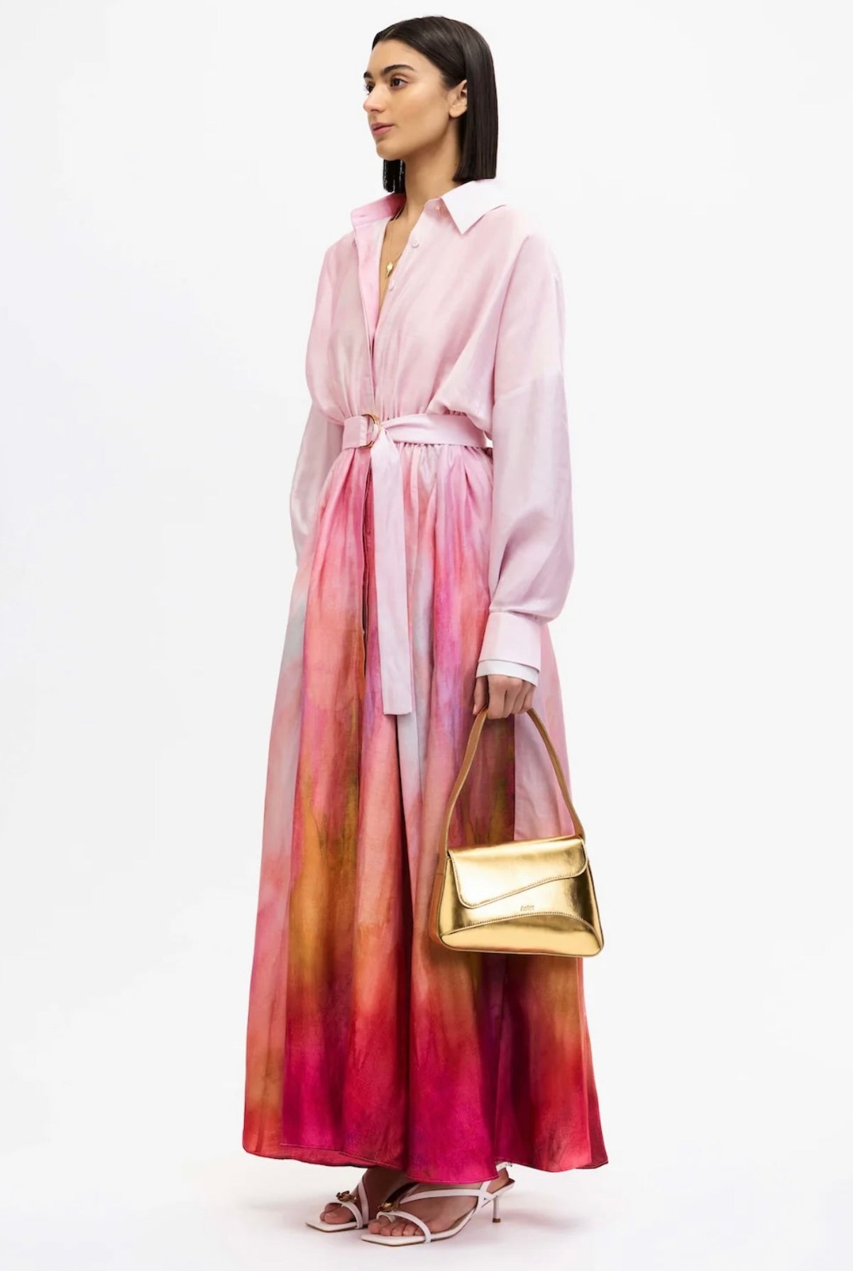 Concealed Gold-Button Front Placket Gown