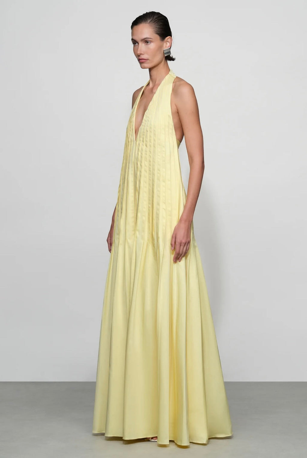 Butter Halter Open-Back Pleated Maxi Dress
