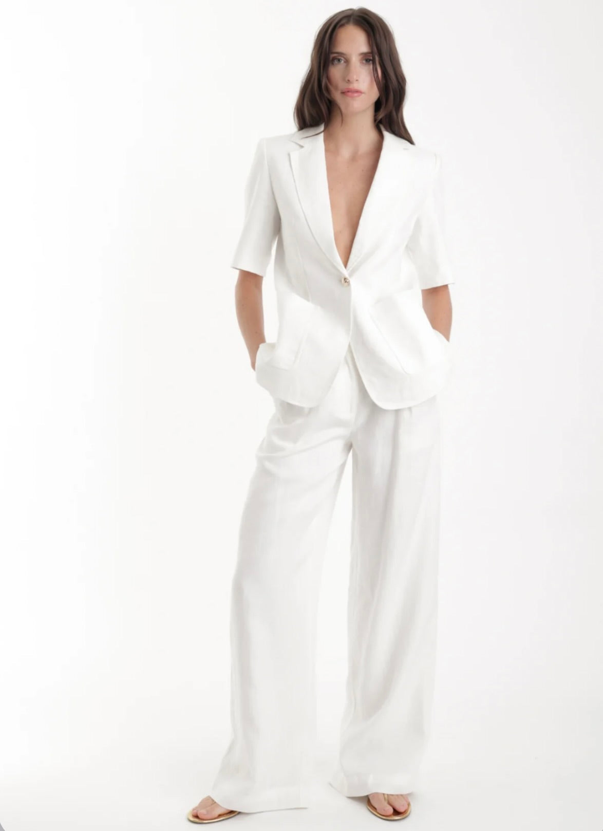 White Structured Shoulder Split Lapel Short-Sleeve Blazer