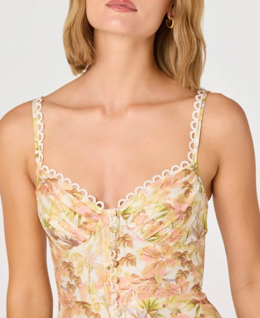 Yellow-Pink Floral Tiered Sweetheart Mini Dress
