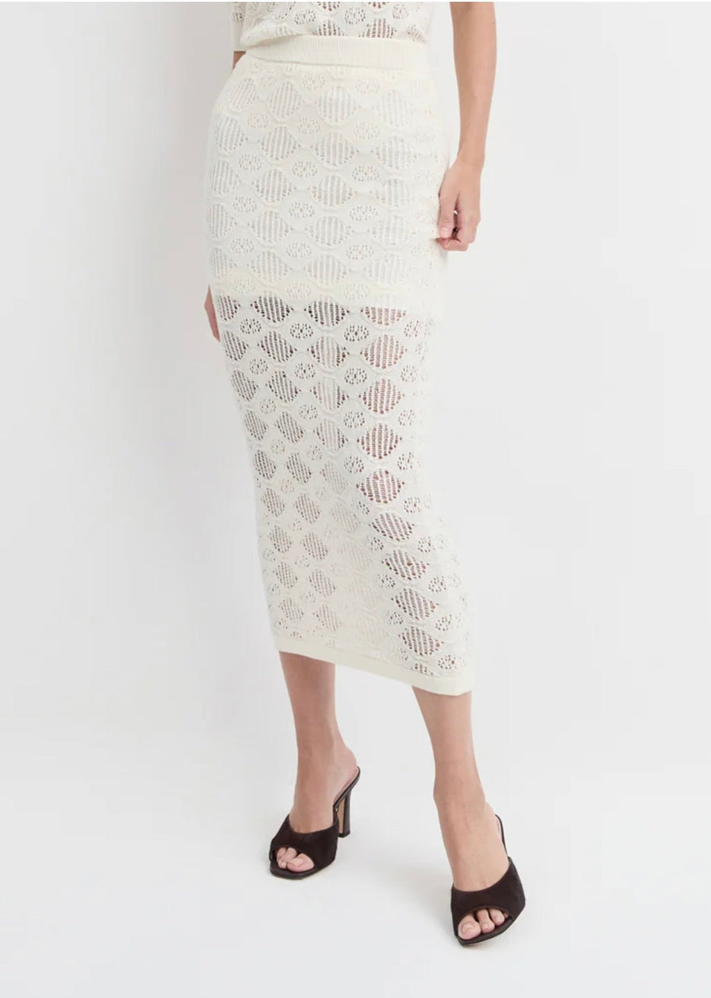 Ivory High-Rise Open-Weave Sweater Knit Pencil Skirt