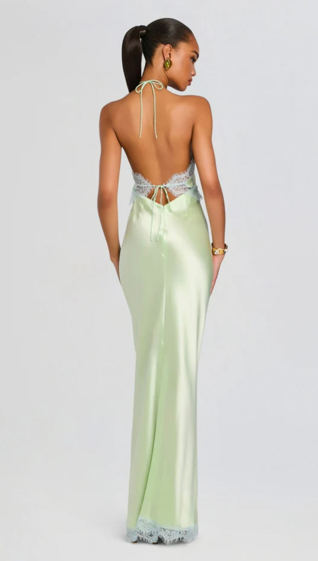 Glace Pistachio Halter Lace Gown