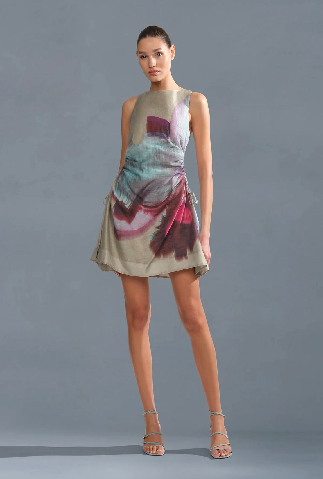 Sage Orchid Print Adjustable Drawstring Mini Dress
