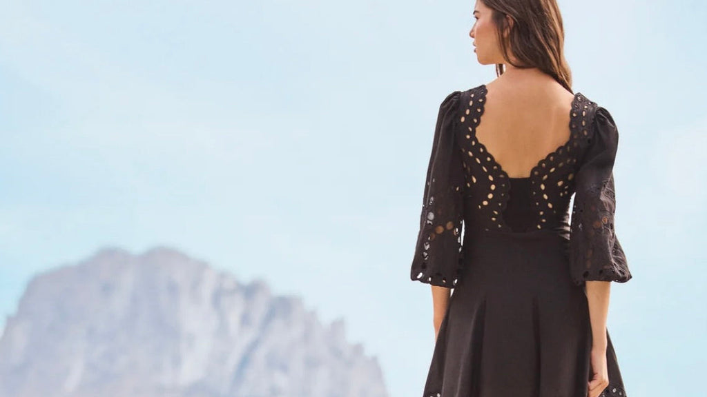 Black Sealace Embroidered Sweetheart Neck Puff-Sleeve Midi Dress