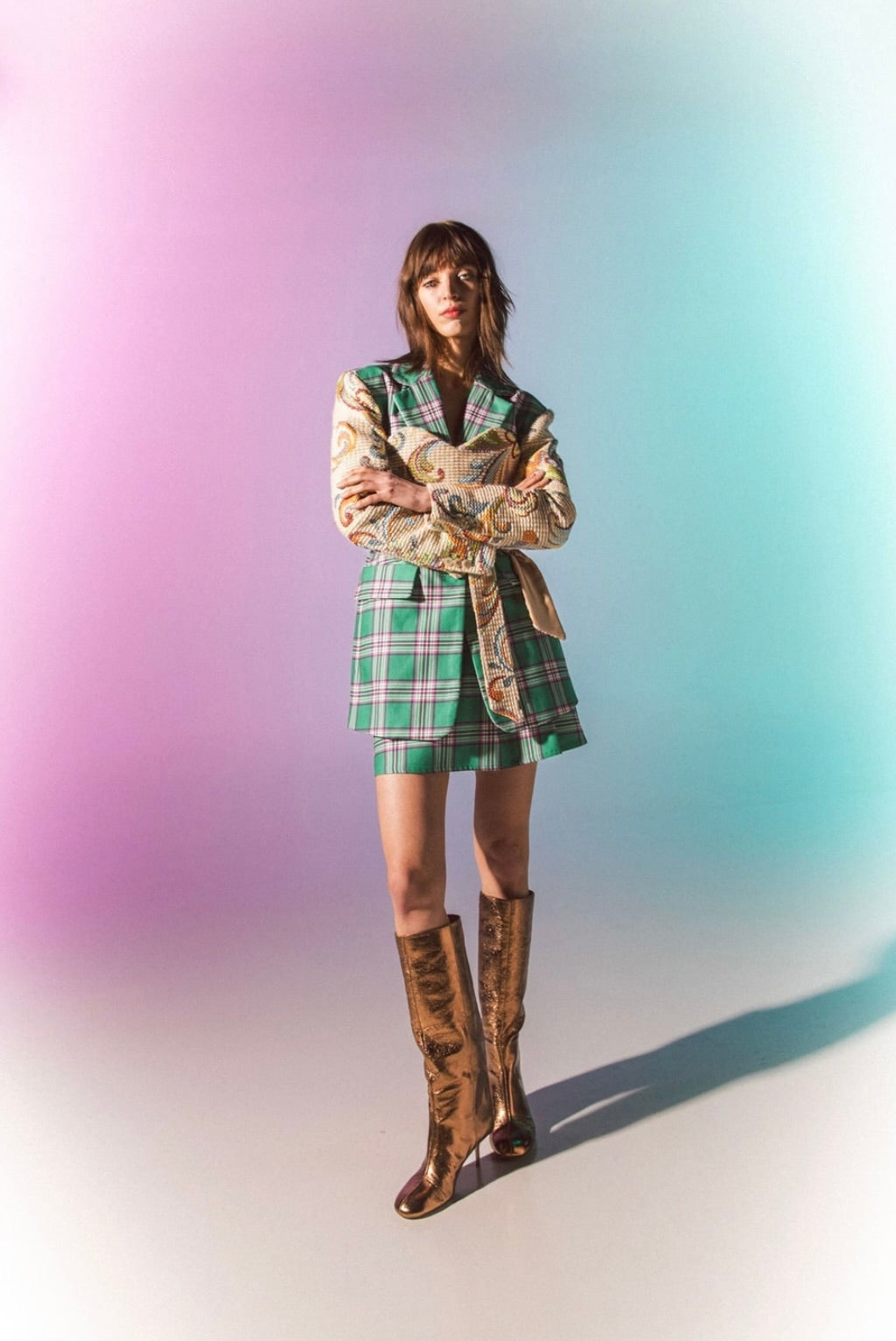 Green Plaid High-Rise Pleated Mini Skirt
