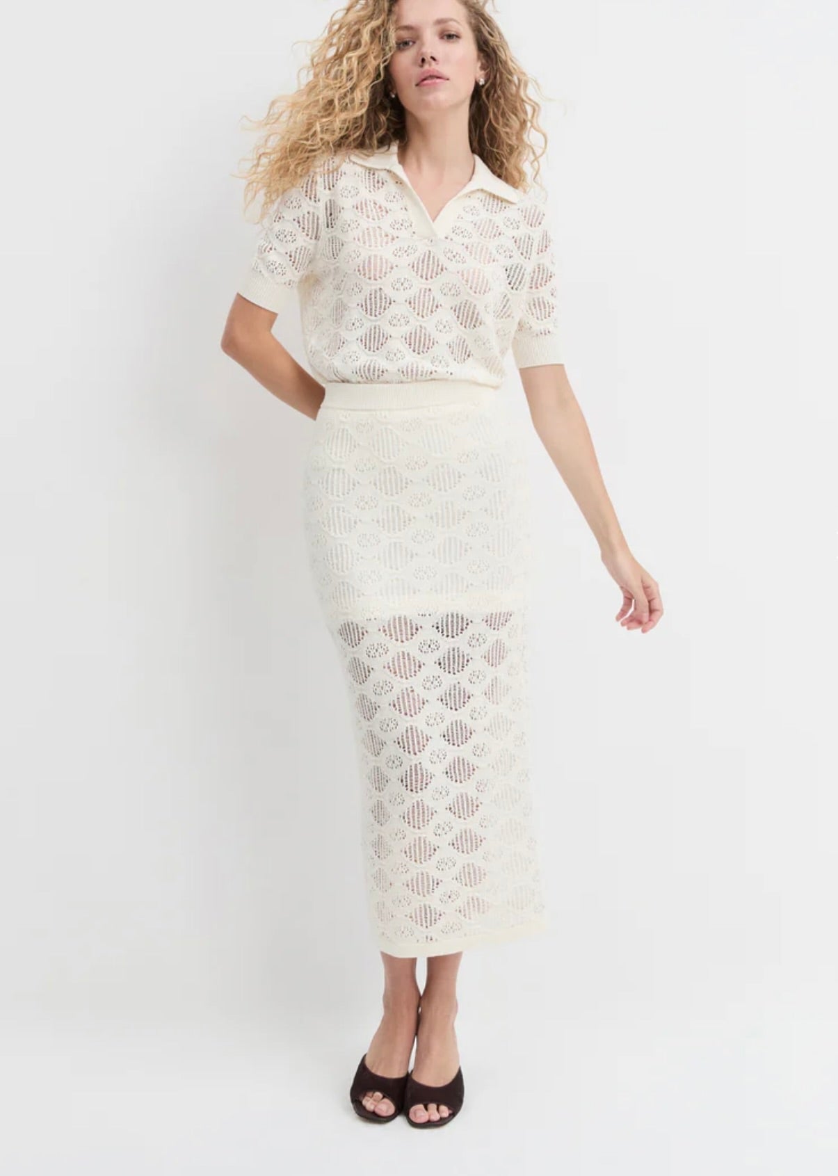 Ivory High-Rise Open-Weave Sweater Knit Pencil Skirt