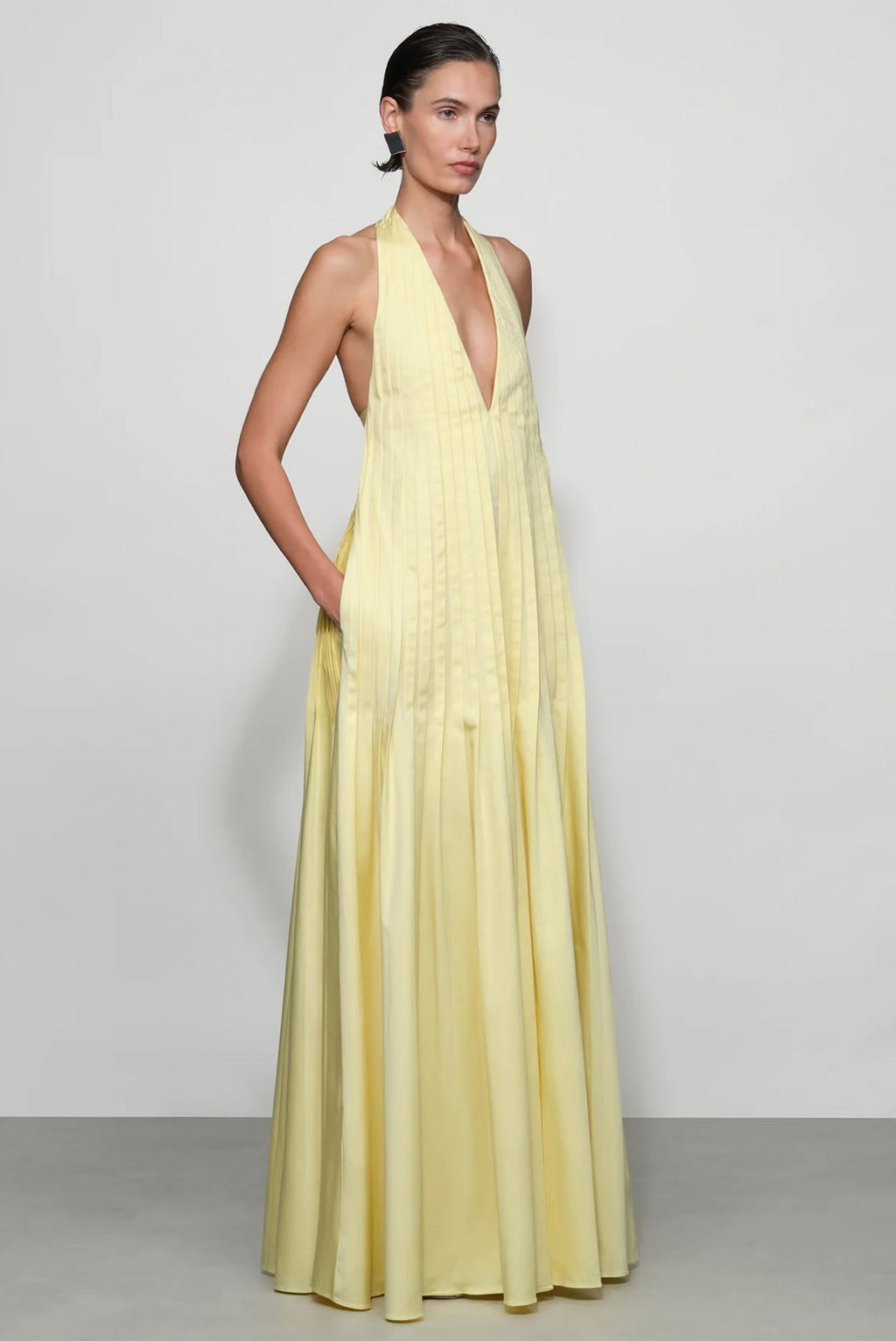 Butter Halter Open-Back Pleated Maxi Dress
